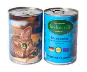 Baskerville Super Premium, вологий корм для котів з індичкою та рибою