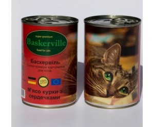 Baskerville Super Premium, вологий корм для котів з м`ясом курки та сердечками