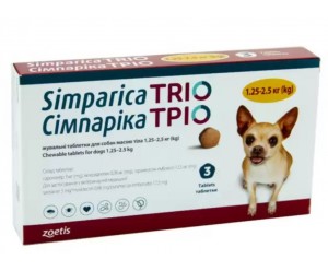 Simparica Trio жувальні таблетки від бліх та глистів для собак вагою 1,3-2,5кг