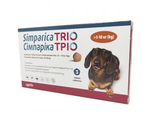 Simparica Trio жувальні таблетки від бліх та глистів для собак вагою 5,1-10кг