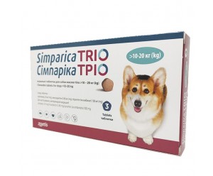 Simparica Trio жувальні таблетки від бліх та глистів для собак вагою 10,1-20кг