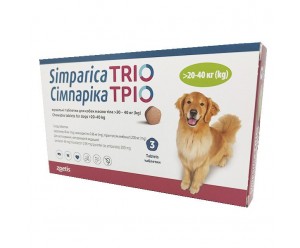 Simparica Trio жувальні таблетки від бліх та глистів для собак вагою 20,1-40кг