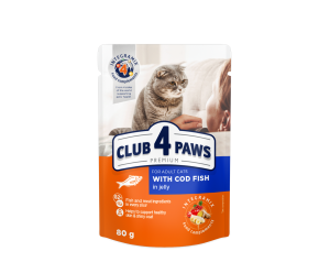 CLUB 4 PAWS Клуб 4 Лапи, вологий корм для дорослих котів з Тріскою в желе 100гр.