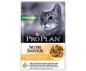 Purina Pro Plan  Sterilised Nutrisavour  Консервований порційний повнораціонний корм для дорослих кастрованих котів/стерилізованих кішок. З куркою. Шматочки у підливці 85гр