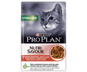 Purina Pro Plan  Sterilised Nutrisavour  Консервований порційний повнораціонний корм для дорослих кастрованих котів/стерилізованих кішок. З яловичиною. Шматочки у підливці. 85гр